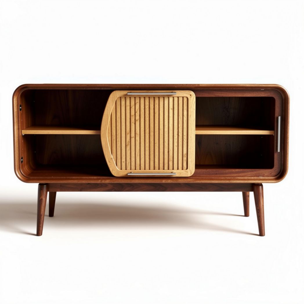 Wooden mid-century modern TV stand with sliding door 90 x 45 x 60cm