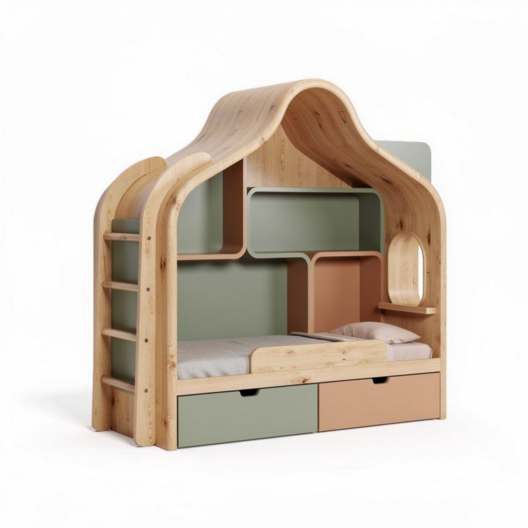 Wooden house-shaped toddler bed with storage and play area 200 x 120 x 150cm