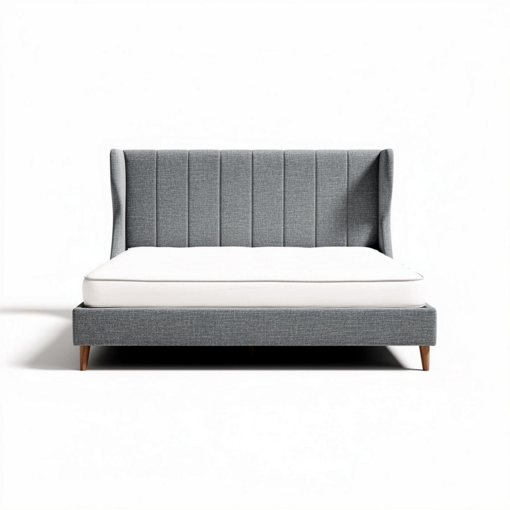 Upholstered bed frame with tufted headboard in gray fabric 210 x 160 x 100cm