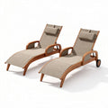 Wooden outdoor lounge chairs with adjustable backs and cushions beige fabric 200 x 70 x 90cm