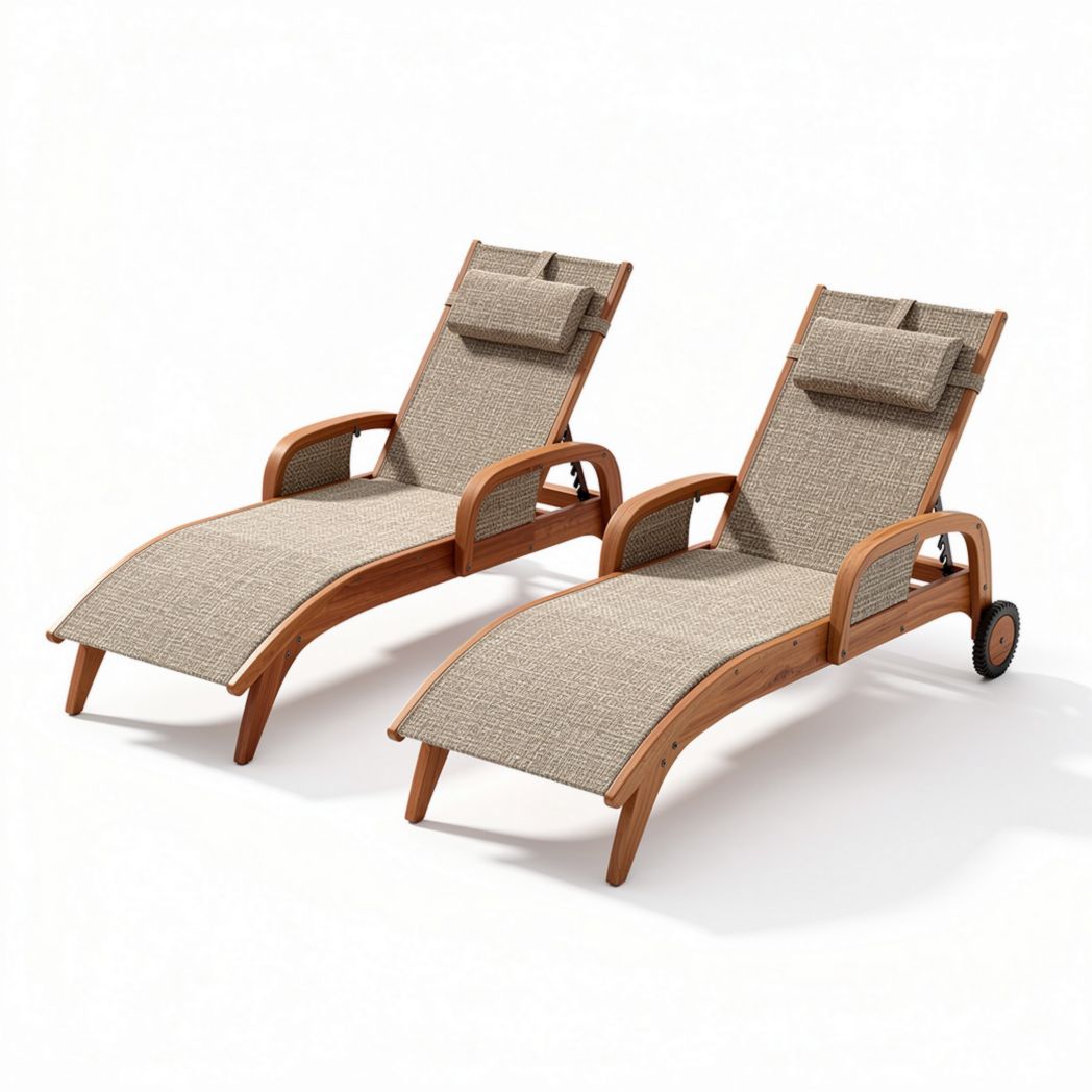 Wooden outdoor lounge chairs with adjustable backs and cushions beige fabric 200 x 70 x 90cm