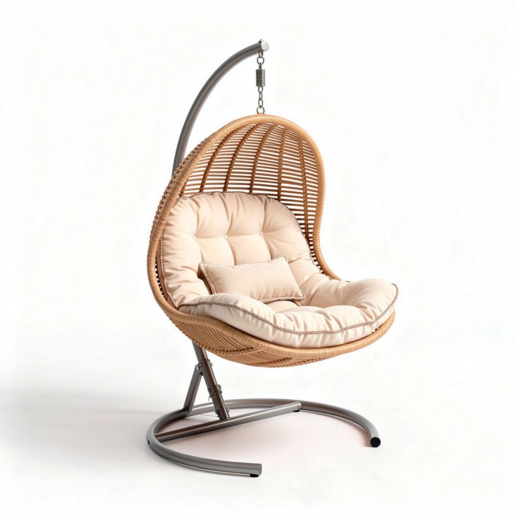Hanging rattan chair with cushion for outdoor and indoor use light brown 100 x 85 x 120cm