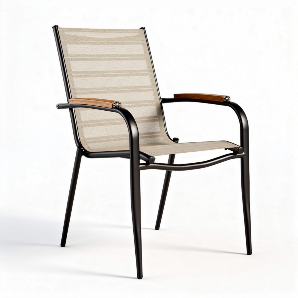 Mesh lounge chair with wooden armrests and metal frame 60 x 60 x 90cm