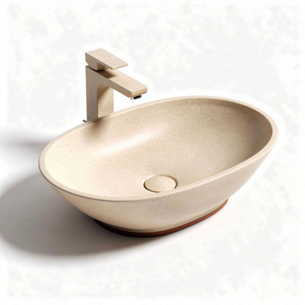 Stone resin oval sink with brushed gold faucet 45 x 30 x 15cm