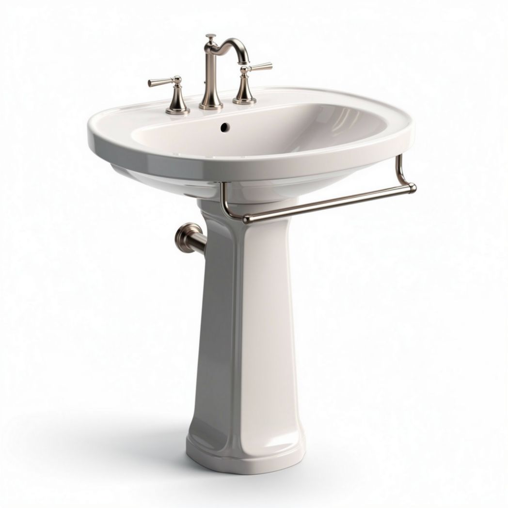 Ceramic pedestal sink in white with chrome faucet and towel bar 60 x 45 x 85cm